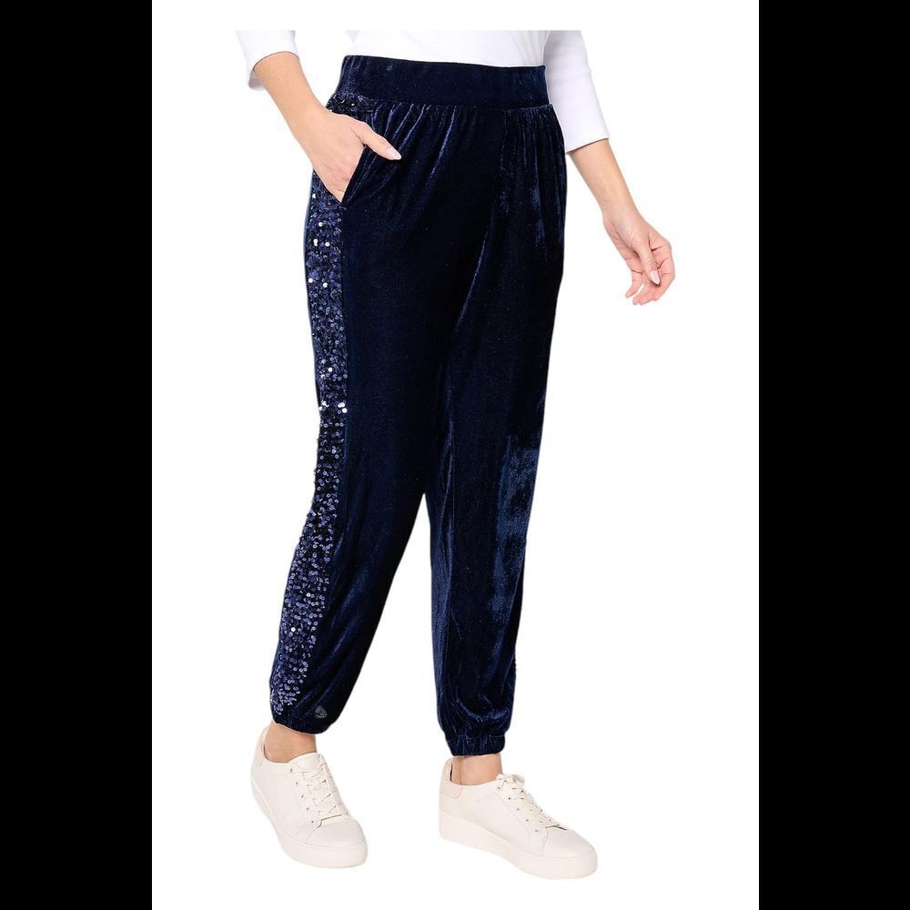 LOGO Lavish by Lori Goldstein Women's Velvet & Sequin Joggers Blue - Regular